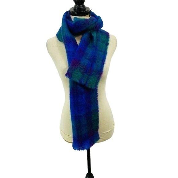 Donegal Design Mohair Wool Purple Green Plaid Scarf Cozy - Picture 1 of 6